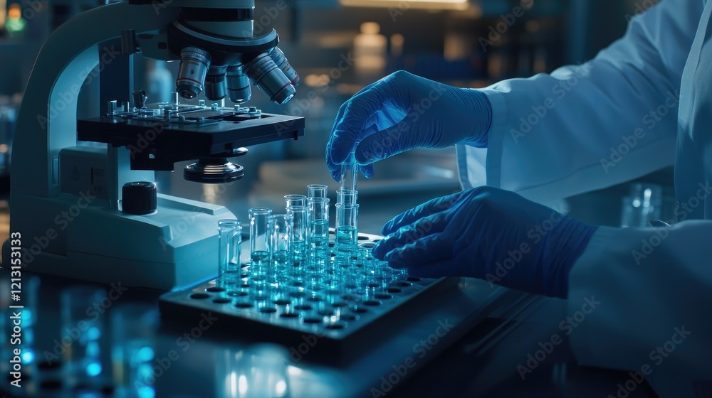 Working in micro labs to analyze human health in a hospital glare of orange light Working in micro labs to analyze human health in a hospital glare of orange light