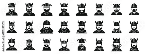 Viking helmet icons set. Set of viking avatars showcasing warriors and explorers wearing horned helmets, furry cloaks, and displaying fierce expressions