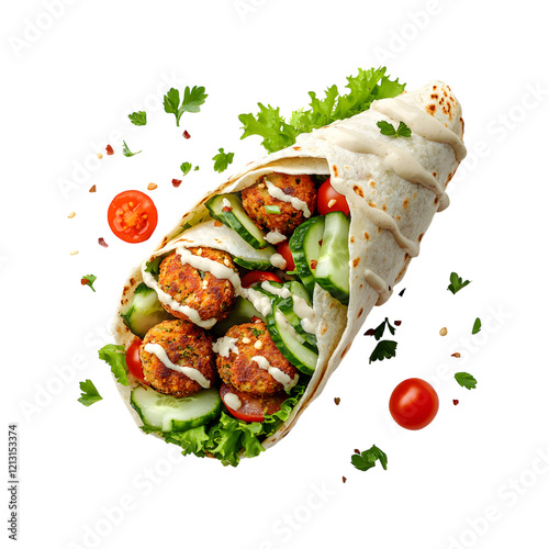 Flying Falafel Wrap with Tahini Sauce and Cucumber on transparent background