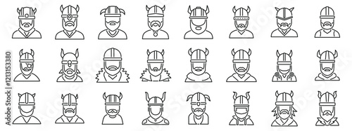 Viking helmet icons set. Viking warriors wearing horned helmets, a set of line art icons representing norse mythology and scandinavian culture