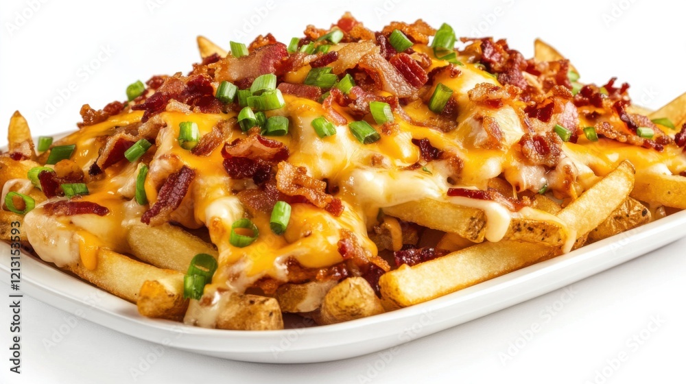 A platter of loaded cheese fries with crispy French fries, melted cheddar cheese, crispy bacon bits A platter of loaded cheese fries with crispy French fries, melted cheddar cheese, crispy bacon bits