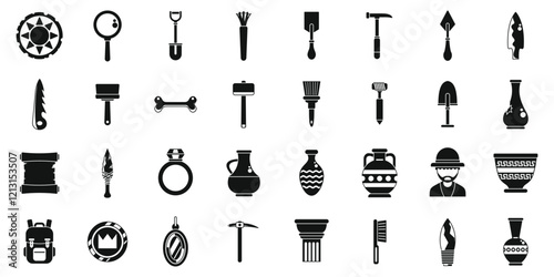 Excavation tools icons set. Archaeology tools and ancient artifacts revealing secrets of the past