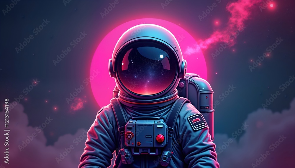 Astronaut in stylish space suit stands against cosmic background. Galaxy themed illustration for eSport team. Modern design. Pink moon. Futuristic style. Stylish suit. Adventure in space. Exploration Astronaut in stylish space suit stands against cosmic background. Galaxy themed illustration for eSport team. Modern design. Pink moon. Futuristic style. Stylish suit. Adventure in space. Exploration