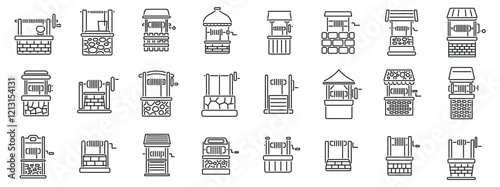 Old water well icons set. Collection of water well icons representing various traditional and modern methods for extracting groundwater, perfect for illustrating water supply, agriculture, or rural