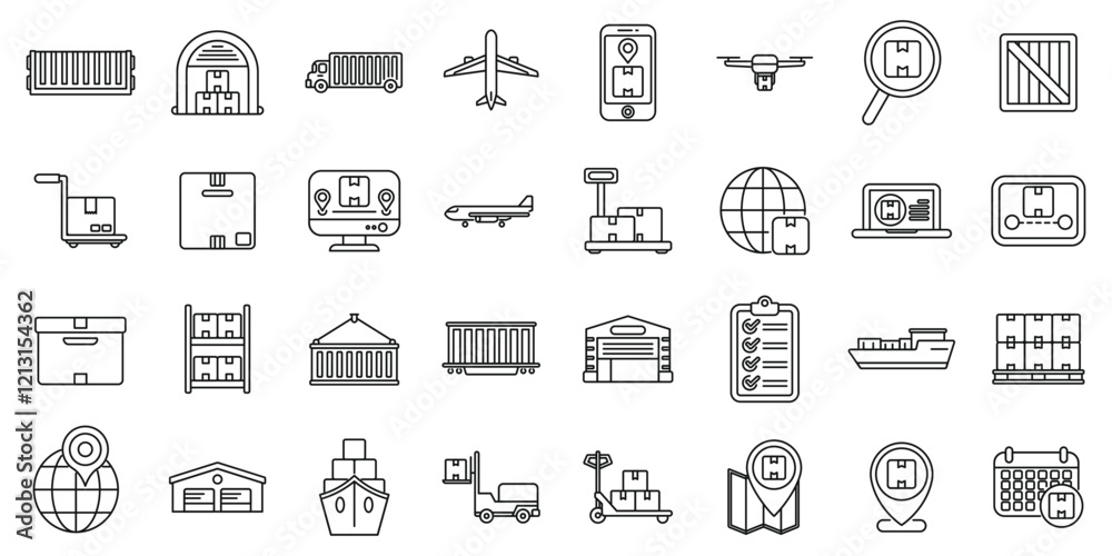Airplane transport logistics icons set. Line icons illustrating various aspects of logistics, delivery, and supply chain management, including shipping, warehousing, and tracking