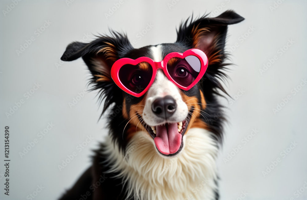 Cute border collie puppy wears funny heart-shaped red glasses. Adorable dog looks happy, playful. Photo suitable for Valentine Day cards romantic social media posts. Adorable pet in love concept. Pet Cute border collie puppy wears funny heart-shaped red glasses. Adorable dog looks happy, playful. Photo suitable for Valentine Day cards romantic social media posts. Adorable pet in love concept. Pet