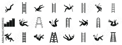 People falling down stairs icons set. Set of simple black icons representing people falling from different types of ladders and stairs, highlighting workplace accidents