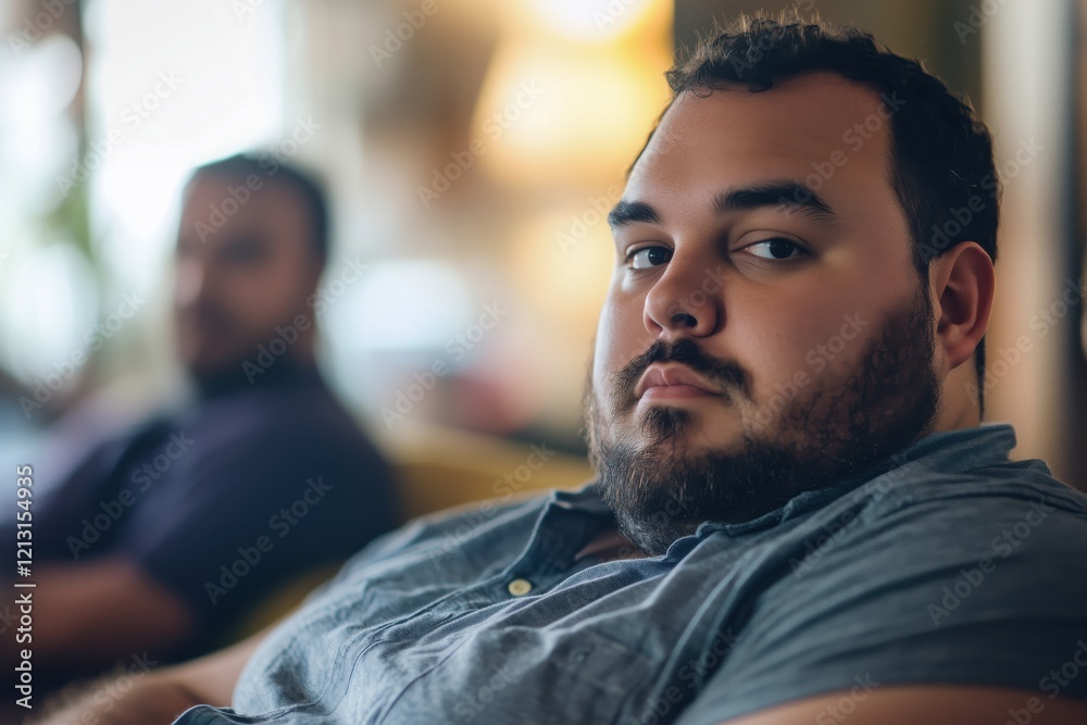 Fototapeta premium A young man with a beard sitting on a couch, looking thoughtfully at the camera.