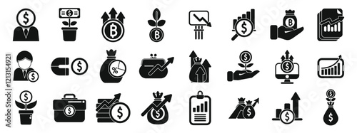 Investment portfolio icons set. Set of icons related to return on investment, including growing plants, money bags, financial charts, and business people