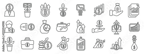 Investment portfolio icons set. Line icons representing financial growth, investment returns, and business prosperity, symbolizing wealth creation and effective money management