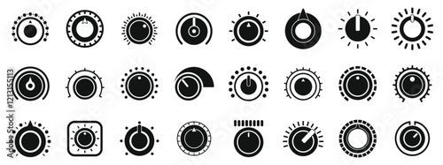 Volume control knobs icons set. Collection of simple black round turning switches, sound or multimedia settings, audio knobs, volume regulators, control panel elements