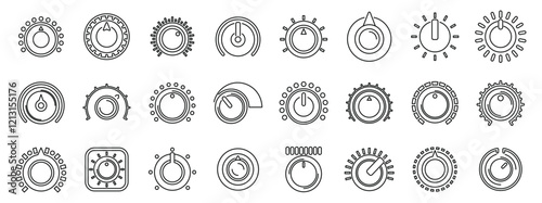 Volume control knobs icons set. Collection of diverse rotating knobs and dials, symbolizing precise control and adjustments in various settings