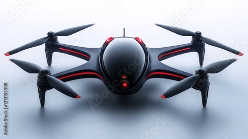 A quadcopter drone with four propellers and red accents. photo