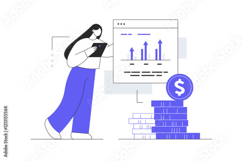 Sales performance concept. Financial profit growth, increase in earnings. Character Woman analyzes graphs, calculates income. Flat Cartoon Vector Illustration, icon. Stylish abstract 