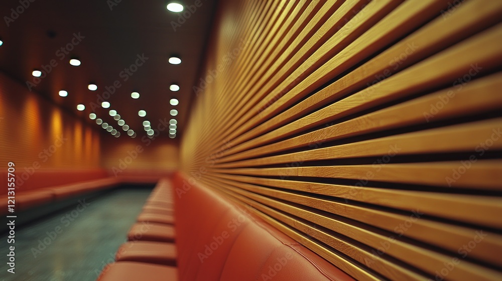 Naklejka premium Modern wooden-walled waiting area, red seats, lights