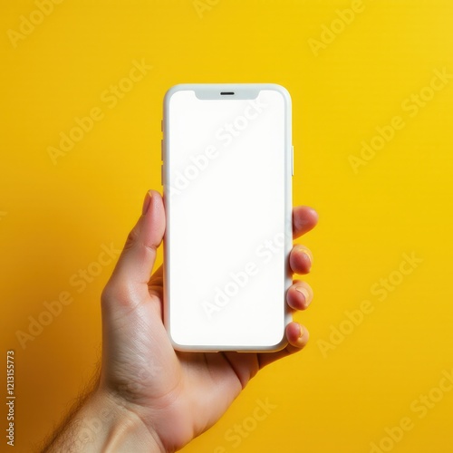 Minimalistic smartphone mockup in hand, blank screen highlights sleek and modern tech design.