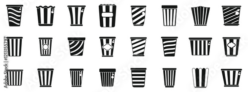 Bucket popcorn icons set. Black and white vector icons of popcorn and soda containers, perfect for representing cinema snacks and the movie going experience