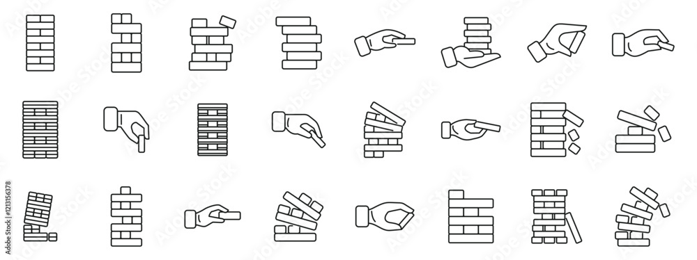 Wood stack balances game icons set. Line icons representing hands building, balancing, and carefully removing blocks from a wooden tower structure, symbolizing risk, strategy, and patience