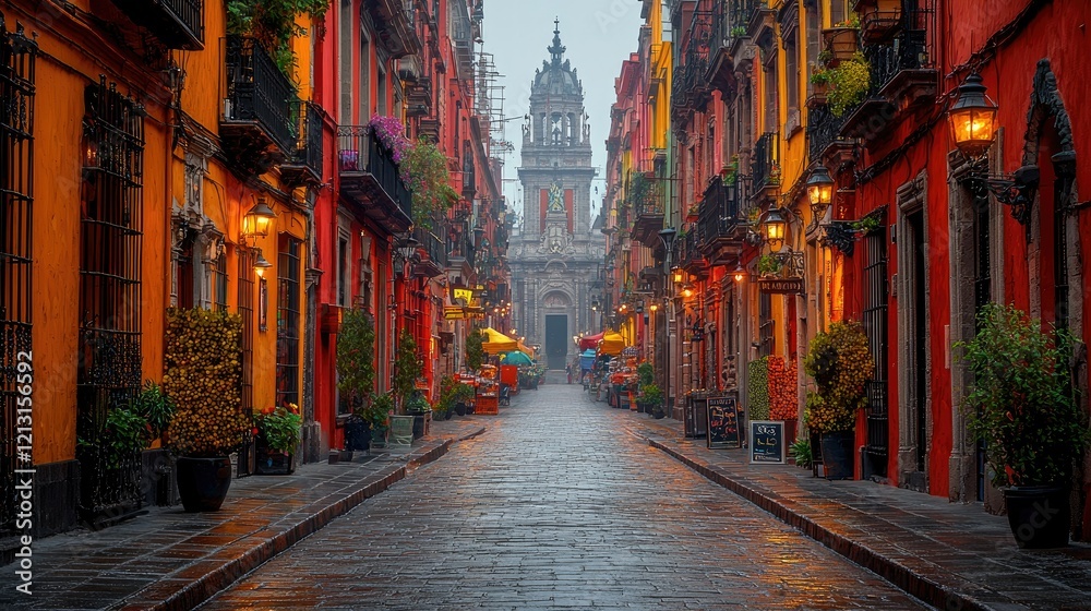 Colorful buildings line a cobblestone street leading to a church Colorful buildings line a cobblestone street leading to a church
