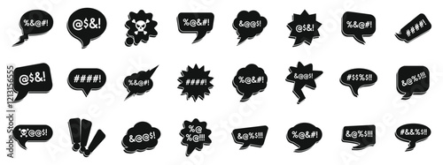 Swear speech bubble icons set. Collection of black cursing icons expressing negative emotions and strong disapproval, using various symbols and speech bubbles