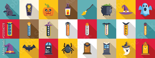 Halloween porch icons set. Halloween icons set in flat style isolated on colorful background with long shadow