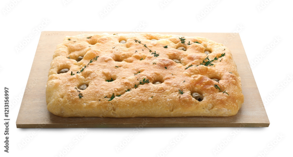Delicious focaccia bread with olives and thyme isolated on white Delicious focaccia bread with olives and thyme isolated on white