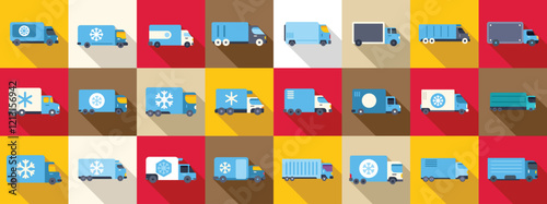 Car refrigerator icons set. Seamless pattern of refrigerated trucks transporting frozen food, ensuring freshness and quality through cold chain logistics