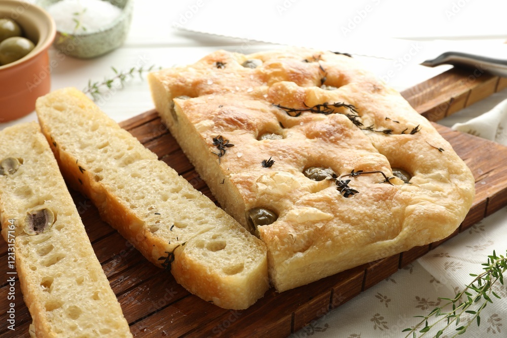 Pieces of delicious focaccia bread with olives, thyme and salt on table, closeup Pieces of delicious focaccia bread with olives, thyme and salt on table, closeup