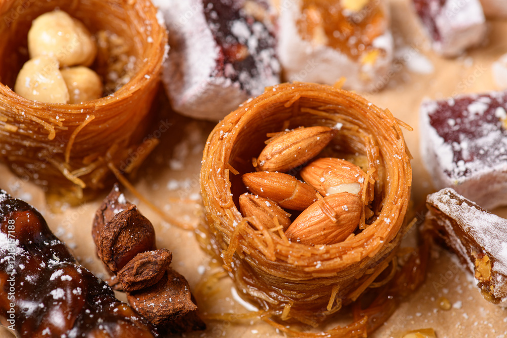 Sweet food Turkish delight on wooden background, assorted locum and candy, decorated backdrop Sweet food Turkish delight on wooden background, assorted locum and candy, decorated backdrop