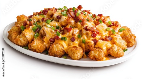 A platter of loaded cheese tots with crispy tater tots, melted cheese, bacon bits