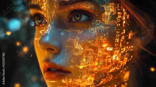 A futuristic and intriguing scene featuring a woman's face with a cityscape superimposed over it, suggesting a blending of human and technological elements.