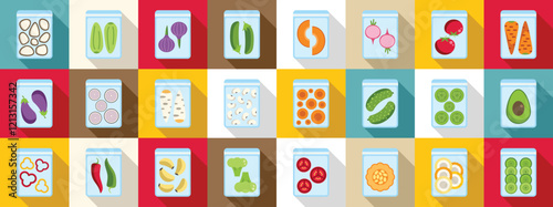 Frozen vegetables icons set. Colorful arrangement of various frozen vegetables stored in vacuum sealed bags, showcasing a practical method for preserving freshness