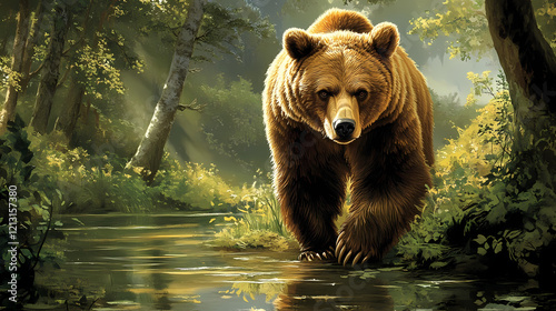 A majestic, tawny bear towers over a placid waterway, surrounded by a lush, wooded expanse. Wild Expanse. Illustration
