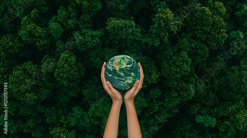 Hands holding globe on green nature forest background photo