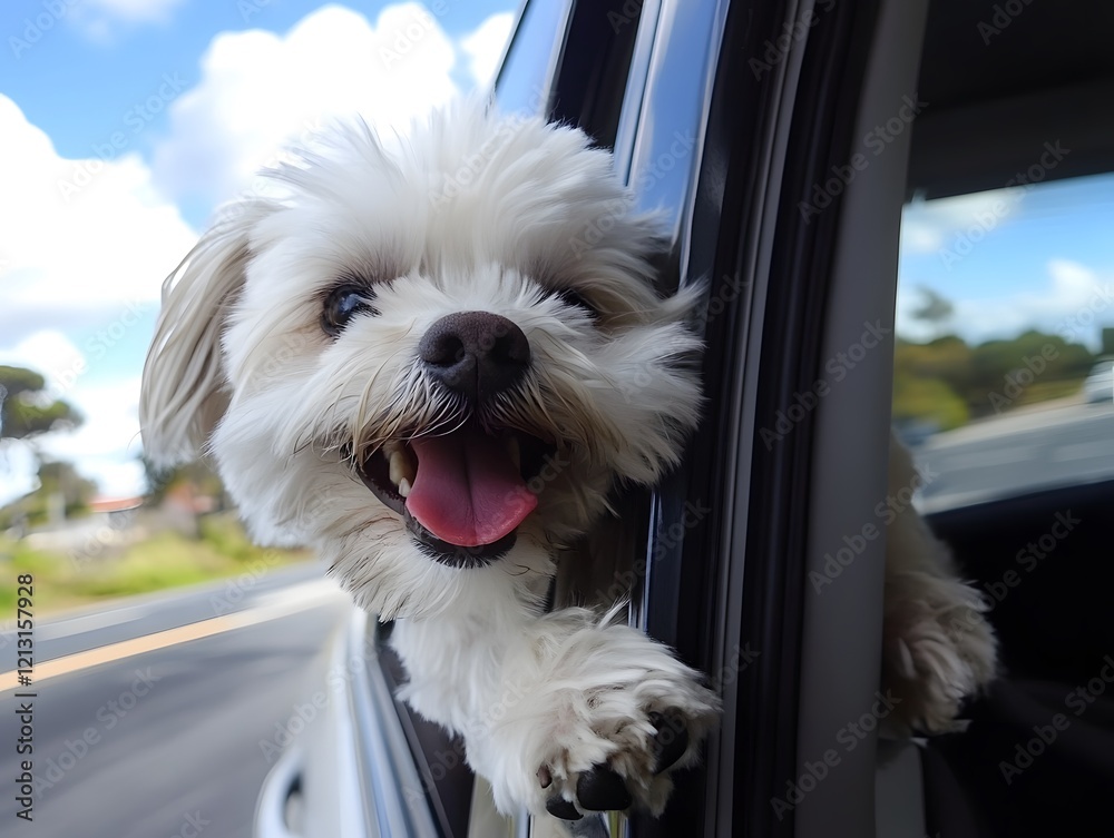 happy dog with head out of the car window having fun happy dog with head out of the car window having fun