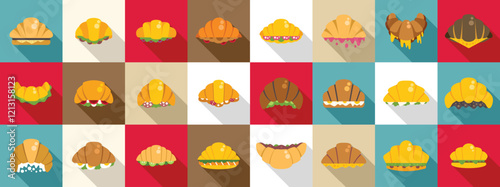 Croissant sandwich icons set. Croissant sandwiches filled with various ingredients showcasing a range of flavors and fillings for breakfast or lunch