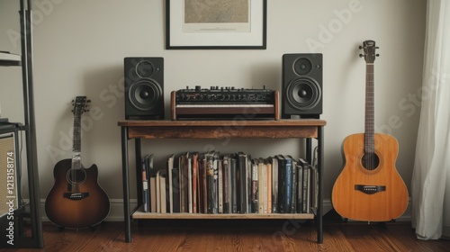 Home music studio setup with acoustic guitars, speakers, keyboard, and books.