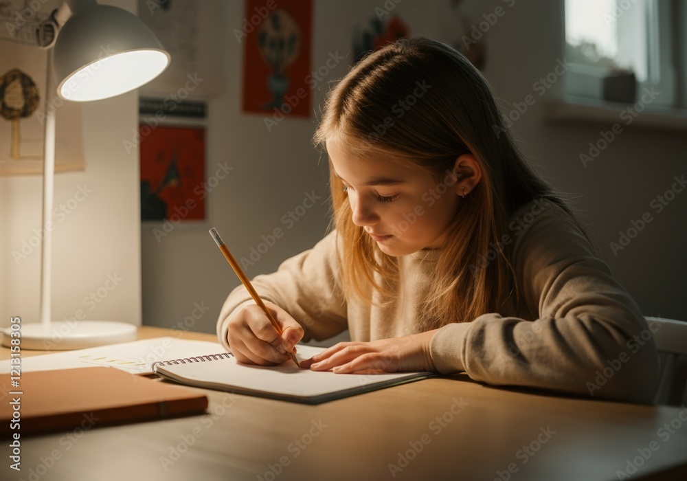 Schoolgirl writing with pencil on notebook under desk lamp in her room at night, doing homework and studying