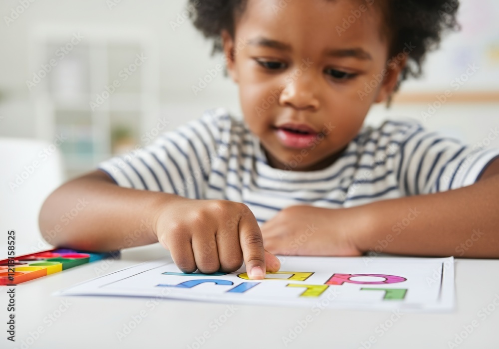 Portrait of focused african american kid pointing at letters on sheet of paper while studying alphabet during lesson in pre school Portrait of focused african american kid pointing at letters on sheet of paper while studying alphabet during lesson in pre school