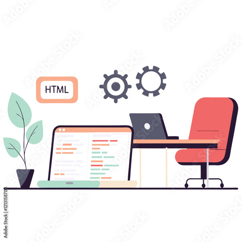 Focused Web Developer Coding HTML,  Clean Modern Workspace, Programming Project it job code desk data