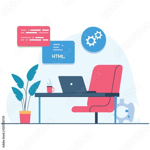 Web Developer Coding HTML: Modern Workspace Productivity, Focused Programmer at Work, Digital       