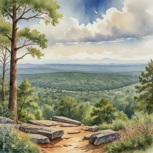 watercolor illustration Depict the beautiful natural surroundings of Oxford, focusing on the peaceful Cheaha State Park photo