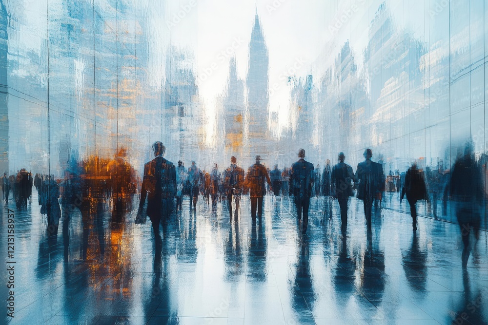 long exposure capture of a bustling office crowd business professionals in blue and white attire creating a dynamic motion effect against a clean white backdrop