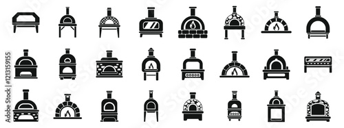 Pizza oven icons set. Collection of pizza oven icons representing various models and designs used for cooking pizza