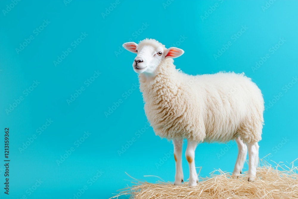 Obraz premium A white sheep stands on a pile of straw. The sheep is looking to the right. The blue background gives the image a calm and peaceful mood