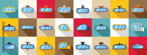 Rearview mirror icons set. Different types of rearview mirrors ensuring safe driving