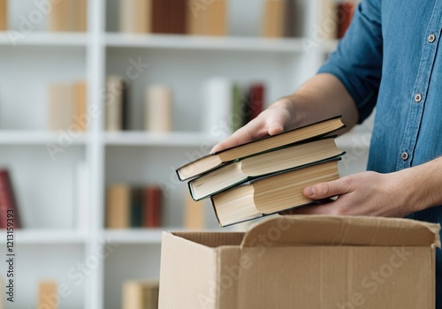 Librarian packing books in cardboard box for relocation, storage, or donation in library