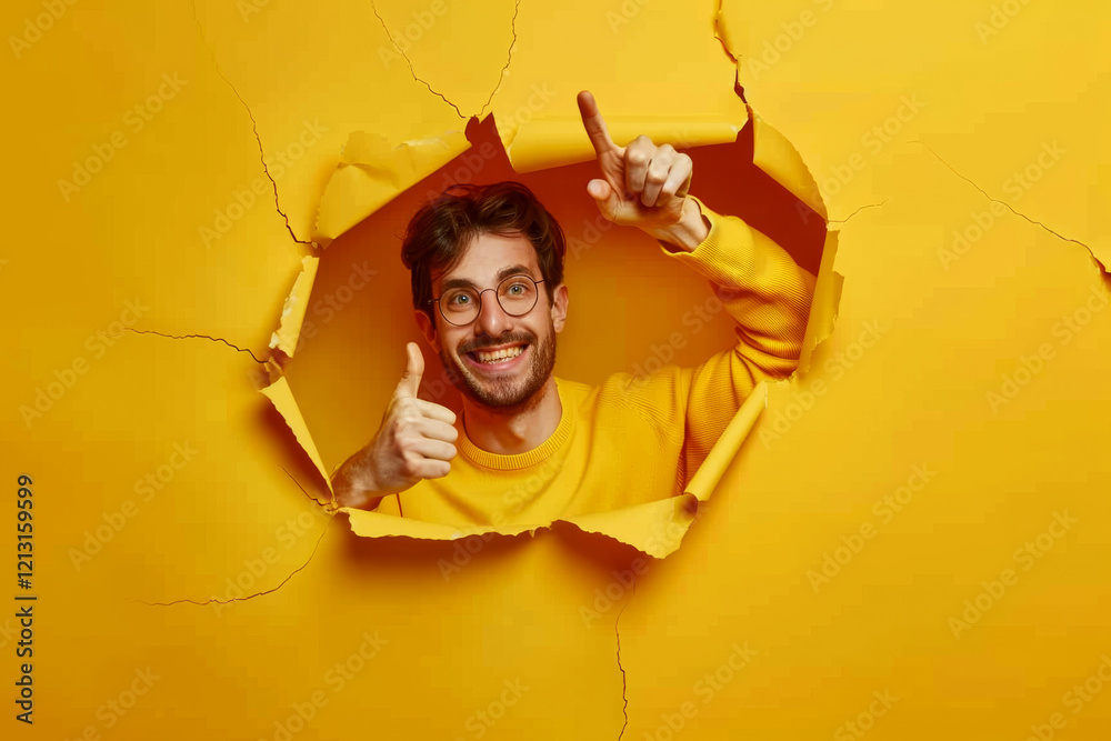A man in a yellow sweater peeks through a torn paper wall, thumbs up, smiling. Concept of breakthrough and positivity. For creativity and energy.