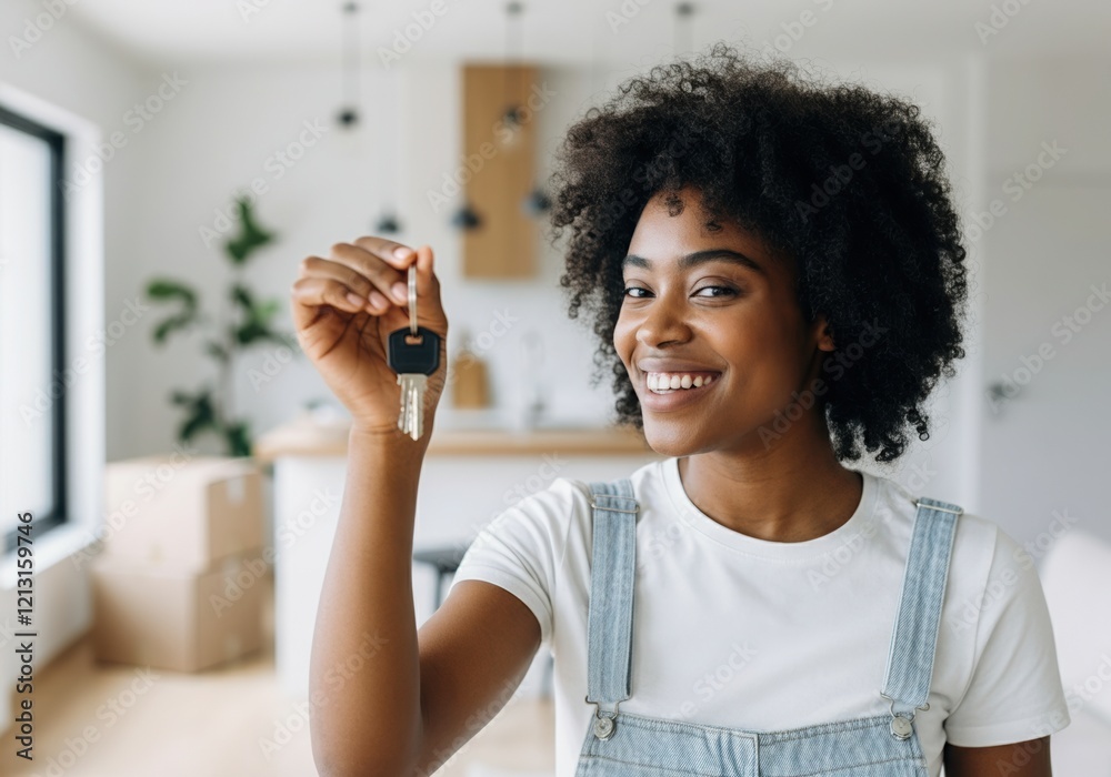 Smiling woman showing keys of new apartment after buying real estate property Smiling woman showing keys of new apartment after buying real estate property