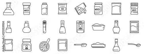 Glutamate icons set. This icon set showcases various forms, packaging, and uses of monosodium glutamate - msg - , a common flavor enhancer